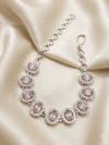 Silver-Tone Pink Oval Stone Bracelet with Crystal Halo