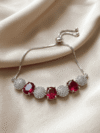 Silver-Tone Ruby Red Oval and Crystal Bolo Bracelet